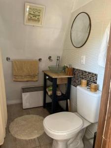 a bathroom with a toilet and a sink and a mirror at Cabaña Nórdica muy cómoda para unos días de relax in Villa Serrana