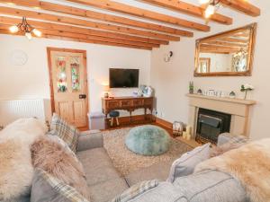 a living room with a couch and a fireplace at Ash Farm Cottage in Holywell