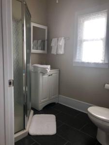 a bathroom with a shower and a sink and a toilet at The Farmhouse at Wolfehaven in Asheville