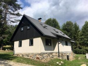 uma casa com um telhado preto em cima em Chalupa pod sjezdovkou em Vysoké nad Jizerou