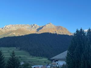 una montaña en la distancia con una casa y árboles en Apart Padöller, en Nauders