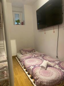 2 camas individuais num quarto com uma televisão de ecrã plano em Karl&Deby Madrid em Madrid