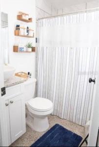 a bathroom with a white shower curtain and a toilet at Private Oasis at Palm Casita in St Petersburg