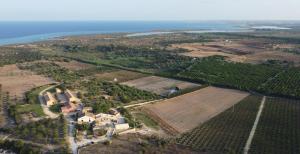 an aerial view of a farm with a field and the ocean at Case Marianeddi in Noto