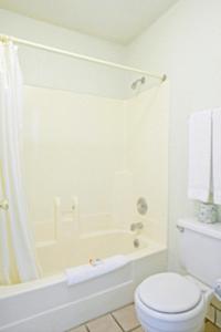 a white bathroom with a toilet and a bath tub at Americas Best Value Inn Dayton in Dayton