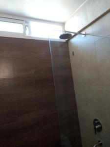 W łazience znajduje się prysznic ze szklanymi drzwiami. w obiekcie Studio Soho 53 w mieście La Plata