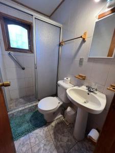 ein Bad mit einem WC, einem Waschbecken und einer Dusche in der Unterkunft Cabañas Bosque las Trancas in Las Trancas
