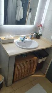 uma casa de banho com um lavatório e um espelho em You are We are Saint-Martin em Marigot