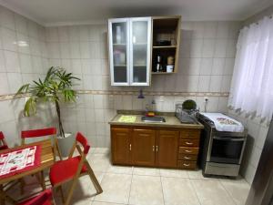 a small kitchen with a sink and a stove at Apto com garagem no centro de Nova Friburgo in Nova Friburgo