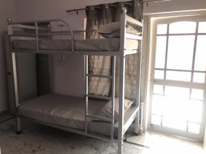 2 Etagenbetten in einem Zimmer mit Fenster in der Unterkunft Welcome Hostel in Dehradun