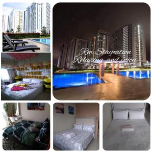 een collage van foto's van een hotelkamer met zwembad bij Rm Staycation TaalView Smdc in Tagaytay