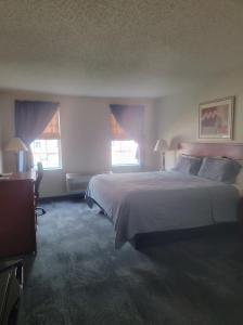 um quarto com uma cama grande e 2 janelas em CountrySide Inn em Nappanee