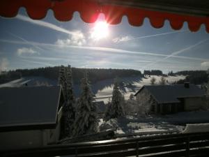 einen Blick auf ein schneebedecktes Feld mit der Sonne am Himmel in der Unterkunft Haus Brunhilde App 3 - Sänger in Schönwald