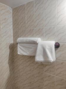 two towels hanging on a tiled wall in a bathroom at Maruti Group of Hotels - Shree Ram Darshan in Nāthdwāra