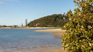 - une vue sur une plage avec une montagne en arrière-plan dans l'établissement Coastal House, à Gold Coast