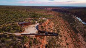 an aerial view of a building on top of a mountain at Riverview Holliday villa with River Views and Pool in Kalbarri