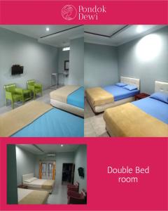 two pictures of a bedroom with two beds and a room with a couch at Pondok Dewi in Pangandaran