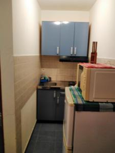 małą kuchnię z niebieskimi szafkami i kuchenką mikrofalową w obiekcie Apartments with a parking space Njivice, Krk - 15904 w mieście Nijvice +12 zdjęć