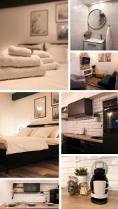 a collage of pictures of a bedroom with a bed and a tv at Apartment Sleep & Fly Zagreb Airport in Velika Gorica