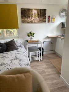 a small bedroom with a bed and a desk at THE LITTLE NEST BEACH sole use accommodation near to bath in Wick