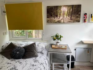 a bedroom with a bed and a table with a picture on the wall at THE LITTLE NEST BEACH sole use accommodation near to bath in Wick