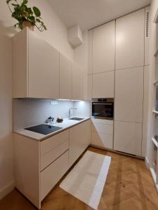 a kitchen with white cabinets and a sink at Luxury apartment in the centre in Prague
