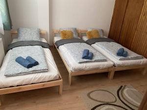 3 camas con almohadas azules en una habitación en Fűzfőfürdői Szálláshely Balatonfűzfő, en Balatonfűzfő