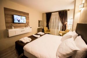 a hotel room with a bed and a tv at Hotel Business Han in Nevşehir