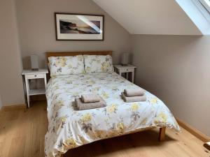 1 dormitorio con 1 cama con 2 mesitas de noche en Cuddfan Fach - Pembrokeshire Stunning Barn near the Coastal Path en Abercastle