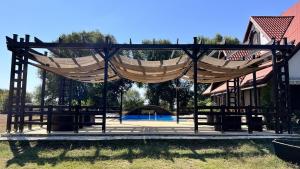 a swing set with a pool in a park at Pensiunea EDEN in Crisan