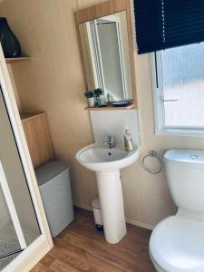 a bathroom with a sink and a toilet and a mirror at Shell Beach Holiday Home Mersea Coopers Beach in East Mersea