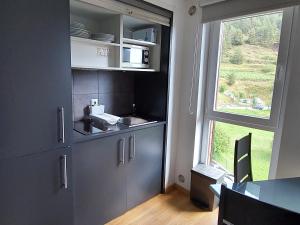 una cocina con armarios grises, una ventana y una mesa en The Lodge at Ribasol, en Arinsal