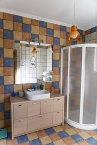 a bathroom with a sink and a shower and a mirror at Casa Rural La Pinta- SendaViva y Bardenas in Villafranca