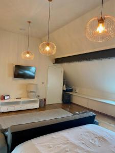 a room with a bed and two lights and a tv at Private Loft Country Hideaway in Shifnal