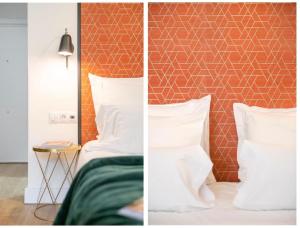 two images of a bedroom with a bed and a wall at SÖK MUELLE UNO Holidays Homes in Málaga +3 photos