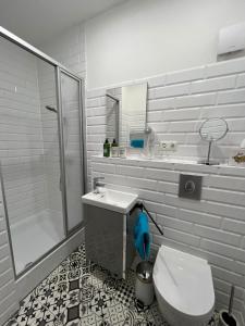 een badkamer met een toilet, een wastafel en een douche bij Gutshauszimmer Doppel Neu Gaarz in Neu Gaarz