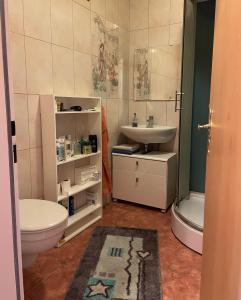ein Bad mit einem WC und einem Waschbecken in der Unterkunft Gemütliche exklusive 2 Zimmer 67 qm Vollausstattung in Langen