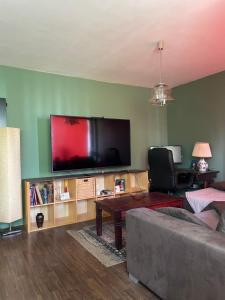 ein Wohnzimmer mit einem Sofa und einem Flachbild-TV in der Unterkunft Gemütliche exklusive 2 Zimmer 67 qm Vollausstattung in Langen