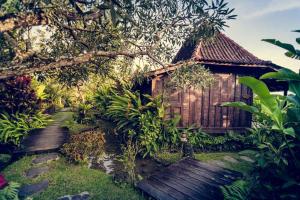 a wooden house with a pathway leading to it at Dragonfly Village in Ubud