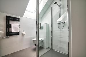 a bathroom with a shower and a toilet at Blue Sky - Apartamenty Zator in Zator +36 photos