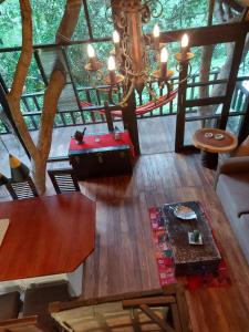 - une vue de tête sur un salon avec une table et des bagages dans l'établissement The Tree House, à Hacienda Estela