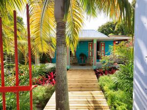 a palm tree in front of a blue house at L'incroyable maison de Mamie MECHANT in Saint-Philippe