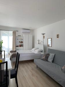 ein Wohnzimmer mit 2 Betten und einem Sofa in der Unterkunft Piknik Studio in Fertőrákos