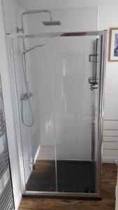 um chuveiro com uma porta de vidro na casa de banho em Torgoyle Cottage em Inverness