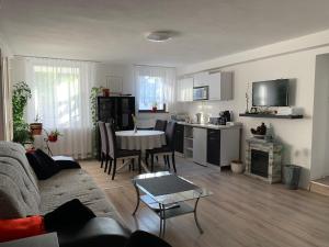 salon z kanapą i stołem w obiekcie Piknik Apartmant w mieście Fertőrákos