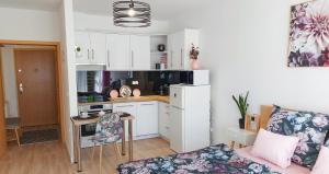 una pequeña cocina con mesa y sofá en una habitación en Studio Florens, en Sopron