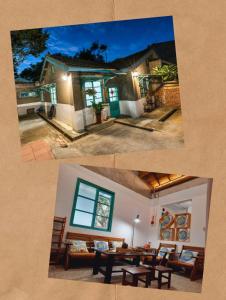 duas fotos de uma casa com uma mesa e cadeiras em 馬村隱園-北部桃園包棟民宿 em Zhongli