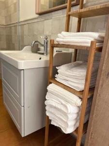 a bathroom with a sink and a rack of towels at Rugio namai-Rye house in Palanga