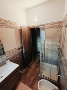 a bathroom with a shower and a toilet and a sink at Agriturismo - B&B "La Funicolare" in Francavilla Marittima