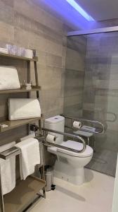 uma casa de banho com WC e toalhas numa prateleira em FH Hotel Rural em Felgueiras